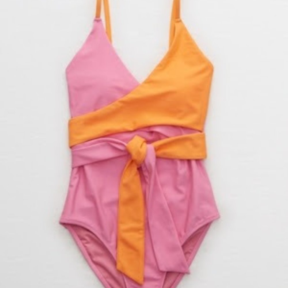 Aerie Color Blocked Wrap One Piece Swimsuit